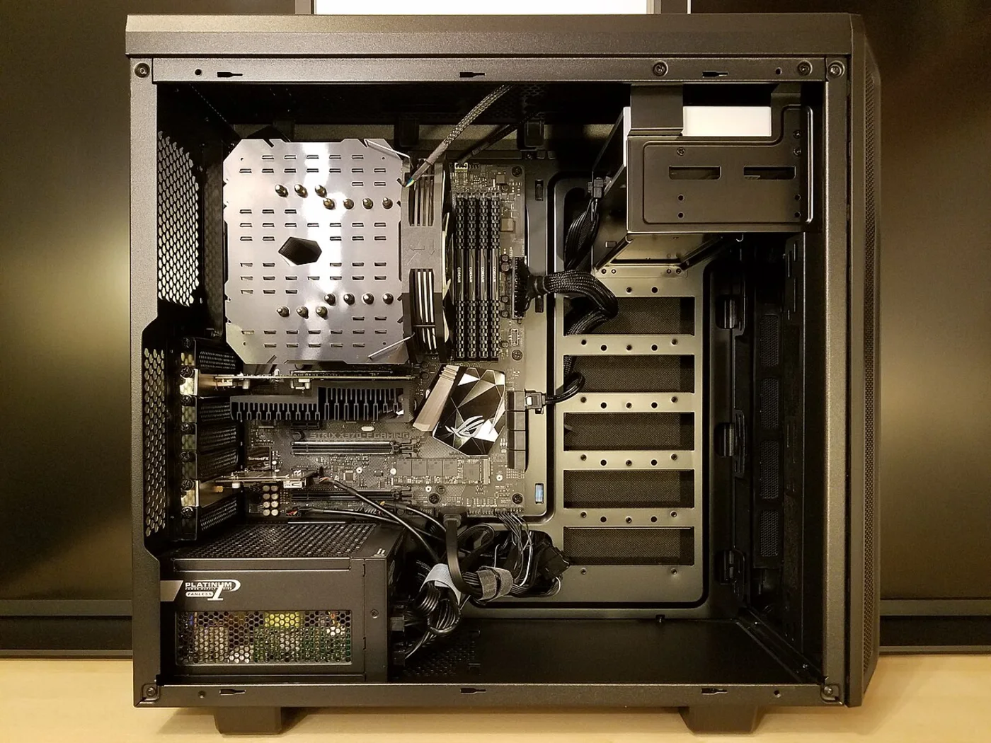 Inside a tidy black mid range desktop computer build