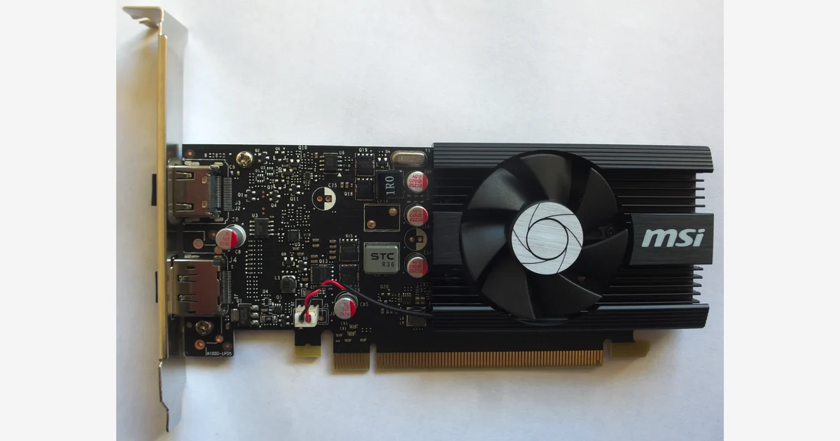 A low profile budget graphics card with a single fan and black heatsink