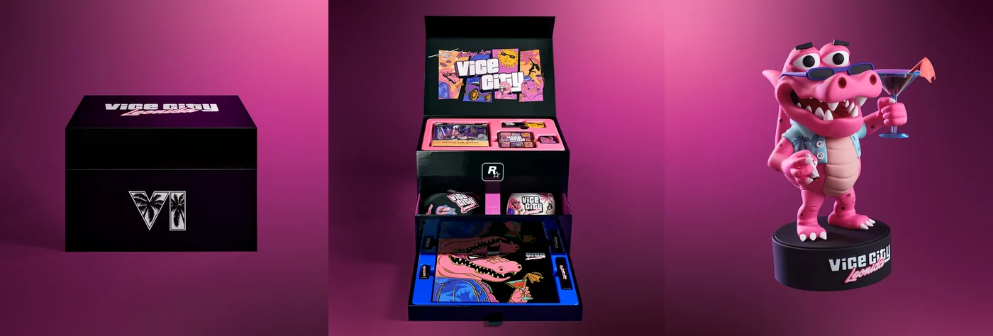 The GTA 6 collector's box closed, open with its trays showing, and the Macca the Gator figure