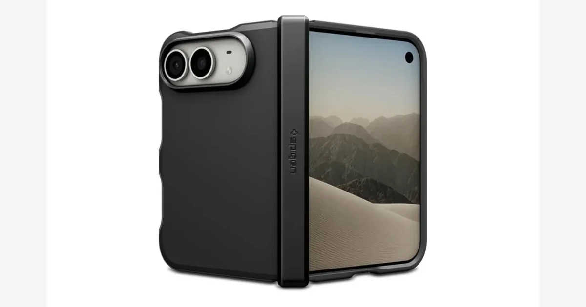 Slim black armoured case fitted to an unfolded iPhone Duo