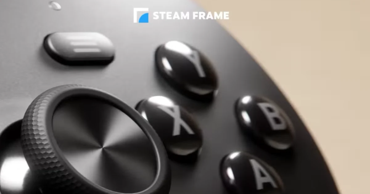 Valve Steam Frame controller shown in close up with the Steam Frame logo