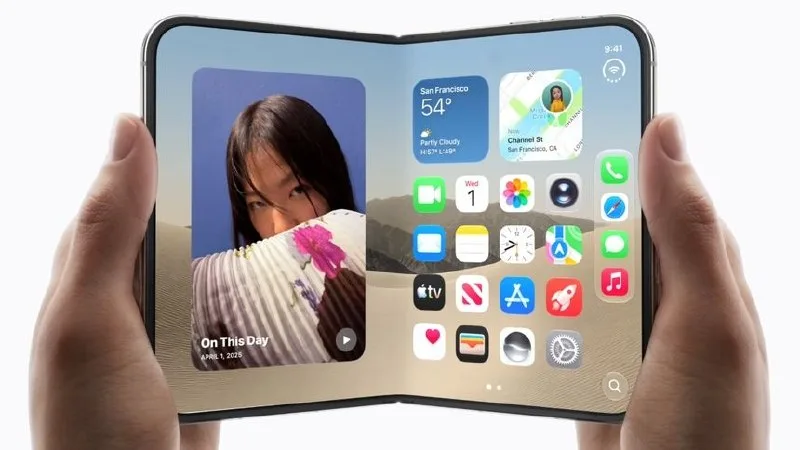 iPhone Duo held open in two hands, showing the 7.6 inch inner display running the iOS 27 Home Screen