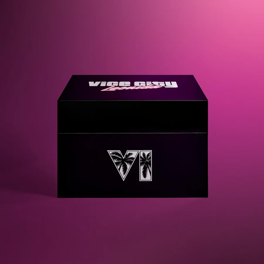 The closed GTA 6 collector's box in gloss black with the Vice City Leonida logo