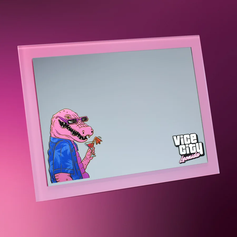 Electroplated pink glass mirror printed with Macca the Gator artwork