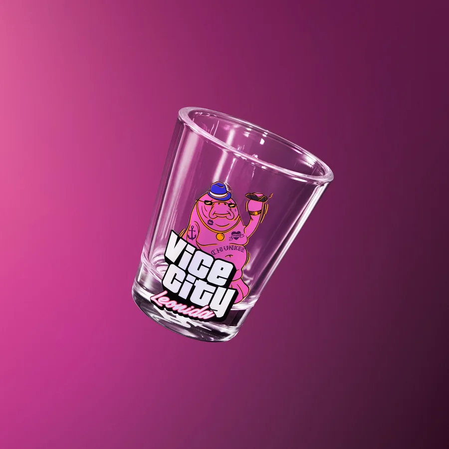 Shot glass printed with Chunkee the Manatee and a laser etched logo on the base