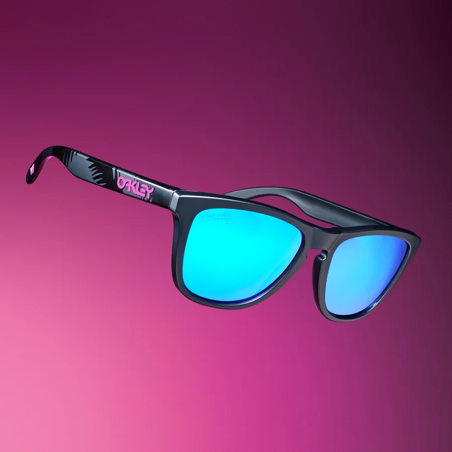 Matte black GTA VI sunglasses with sapphire tinted lenses and a pink logo on the arm