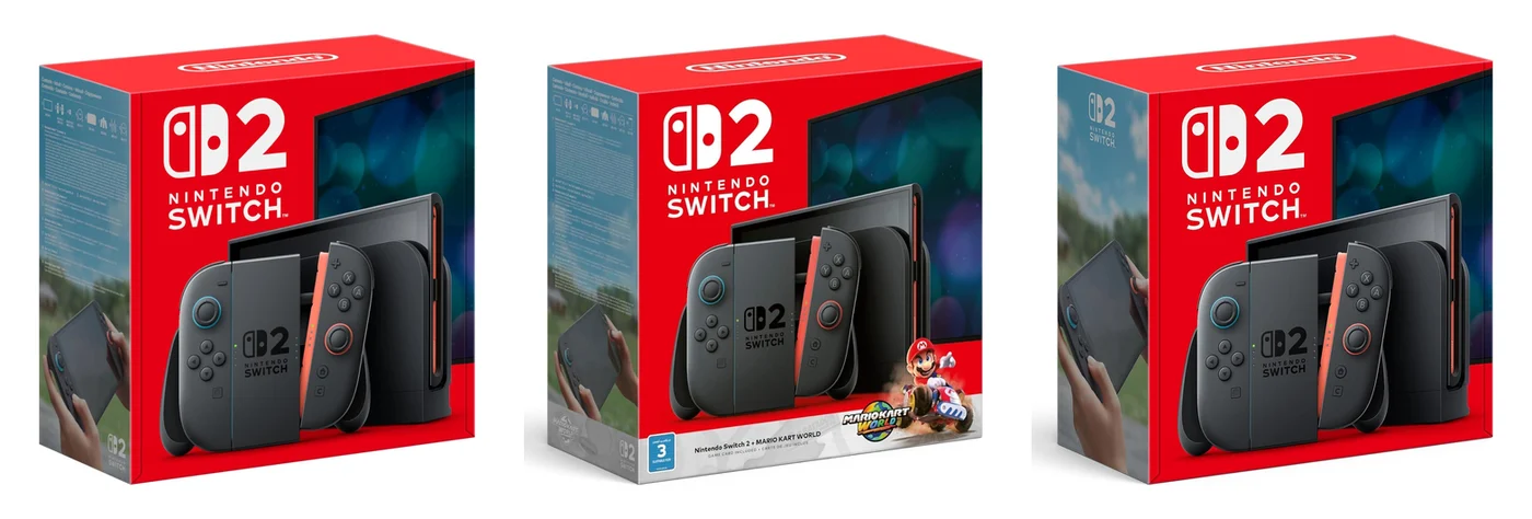 Nintendo Switch 2 UAE version, Mario Kart World bundle and international version boxes