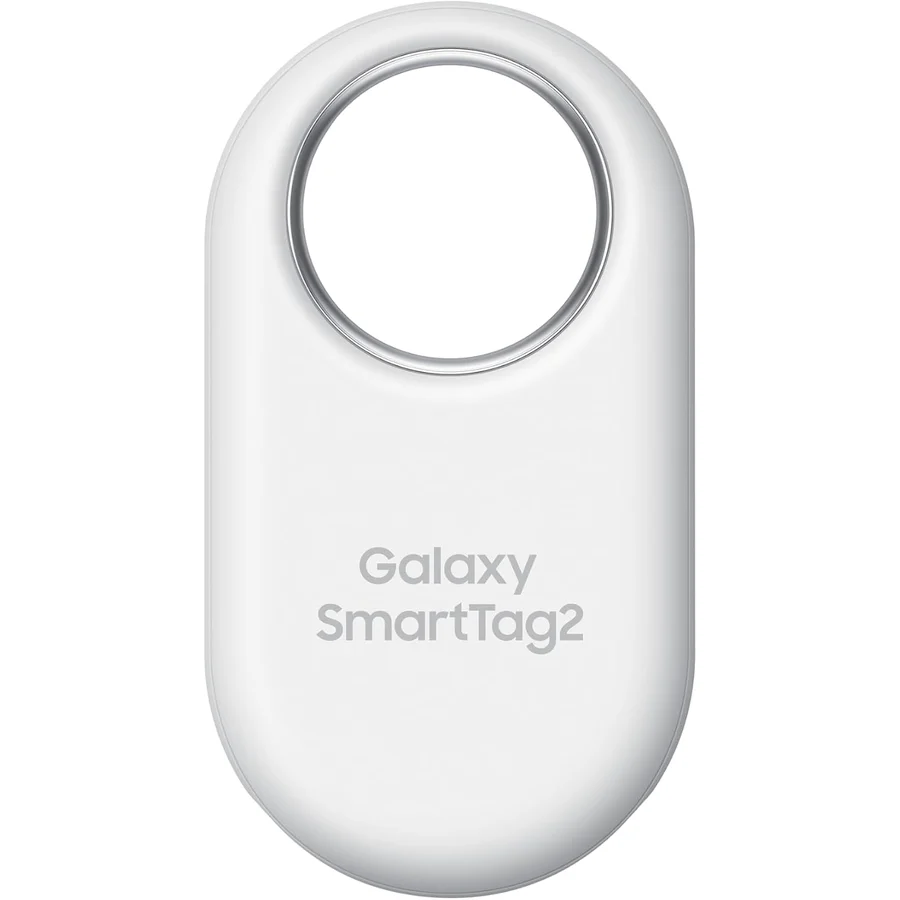 Samsung Galaxy SmartTag2, a small white rectangular tracker with a keyring hole